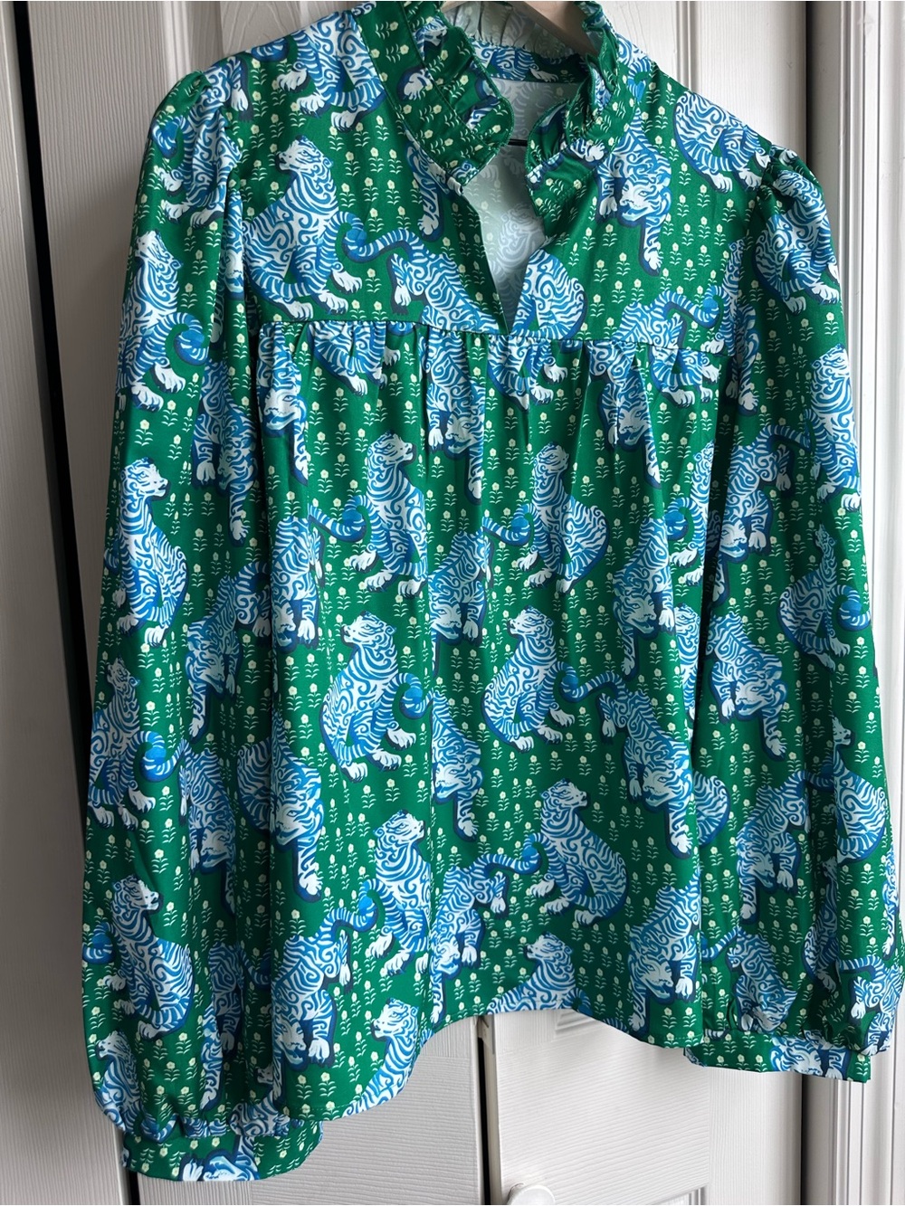 Green Blouse with Blue & White Tiger Print